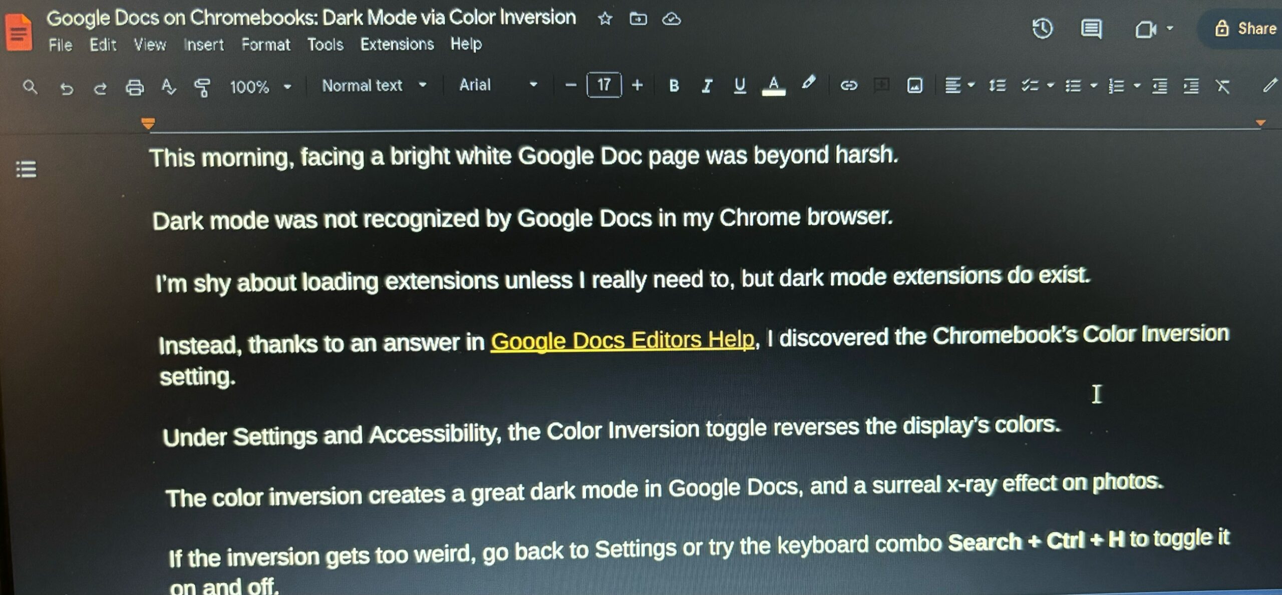 Dark Mode in Google Docs on Chromebooks: Color Inversion